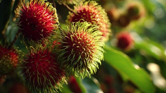 Healthy and Sweet Rambutan Fruit in Natural, Outdoor Setting. Slow Motion: Sunlight Peeking Through Rambutan Fruit and Leaves