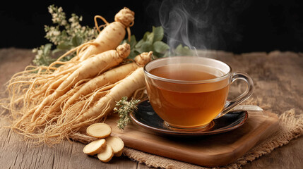 Steaming ginseng tea served with root Asian herbal drink