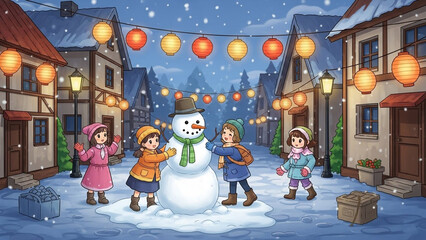 Children joyfully building a snowman in a festive winter village street, illuminated by warm glowing lanterns under a snowy evening sky