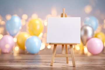 Wooden easel canvas with party balloons bright background