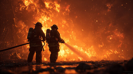 Emergency fire response team fighting intense blaze smoke