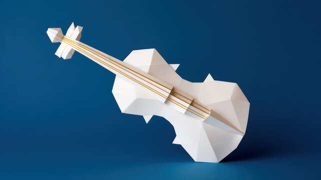 A geometric, origami-style violin made from white paper, set against a blue background, showcasing an artistic blend of music and design. - Powered by Adobe