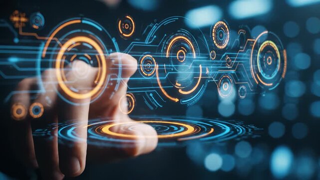 Creative technology interaction with digital interface. User navigates through futuristic virtual display. Innovative concepts drive modern communication and engagement. - Powered by Adobe