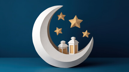 A whimsical design featuring a crescent moon, lanterns, and stars against a deep blue background, creating a serene night scene.