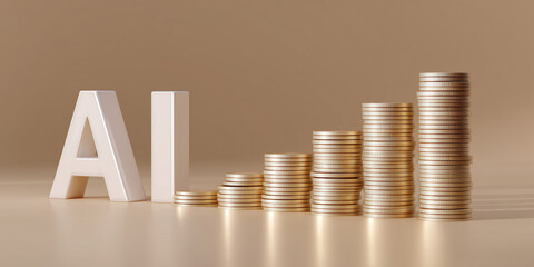 AI letters and gold coins wealth growth economic concept