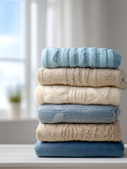 Comfortable wool sweaters stacked clean minimal background