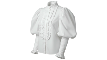 White formal button-up blouse with dramatic ruffled front, high collar, and puffed sleeves