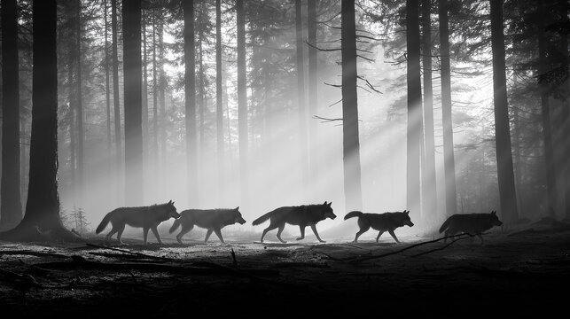 Wolves exploring moody fog forest nature wildlife scene - Powered by Adobe