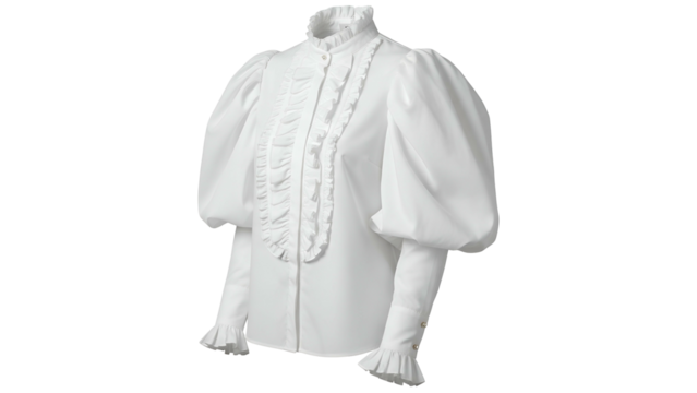 White formal button-up blouse with dramatic ruffled front, high collar, and puffed sleeves