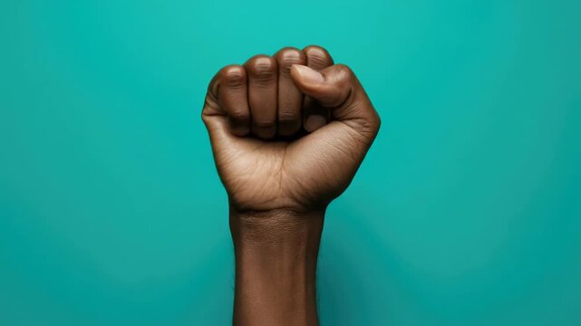 Powerful dark arm clenches a resolute fist, rising. A symbol for freedom, justice, and dignity. It represents unity, empowerment, and a firm stand for equal opportunity.