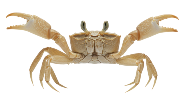 Detailed Studio Shot of a Pale Ghost Crab (Ocypode) with Spread Claws and Stalked Eyes Isolated on Black