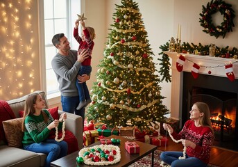 happy family decorating christmas tree