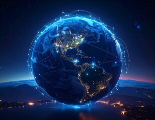 Glowing Earth surrounded by data streams against a cosmic backdrop