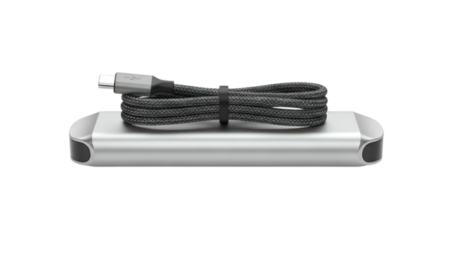 A metallic device, flat and rectangular, with a coiled, braided cable on top, all on black