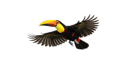 Obraz premium Colorful Toucan Bird Flying with Spread Wings and Vibrant Beak on Black Background