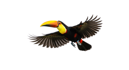 Colorful Toucan Bird Flying with Spread Wings and Vibrant Beak on Black Background