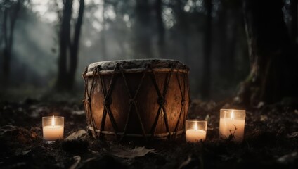 Ancient drum amidst misty forest, lit by candles