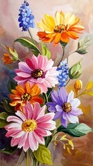 Colorful floral arrangement with various blooms, painted with vibrant hues