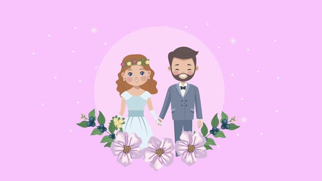 Cartoonstyle bride and groom holding hands surrounded by flowers against a pink background with white dots. Flat graphic animated cartoon