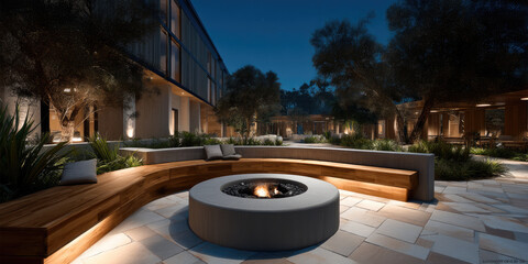 Modern outdoor courtyard with curved wooden bench, fire pit, soft lighting, and lush greenery creates cozy communal gathering space at night