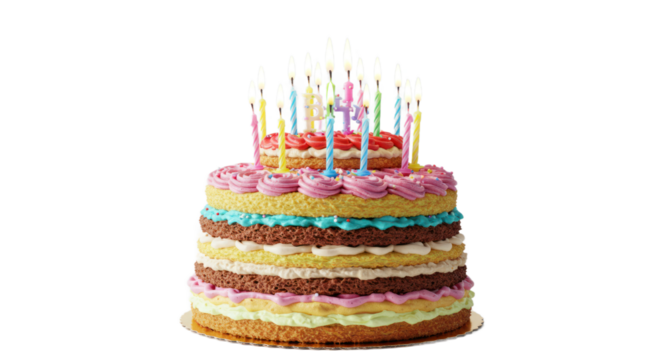 Multi-layered birthday cake with vibrant colorful frosting and many lit candles on a black background.