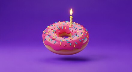A pink frosted donut with sprinkles and a single lit birthday candle floats against a solid purple background in a playful 3D rendering.