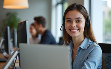 Cheerful customer service representative engages with clients, showcasing professionalism in a call center environment. High quality
