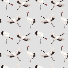 Seamless pattern of japanese red crown cranes on a gray background. Watercolor illustration of crane. Delicate illustration for fabric, wallpaper, greeting cards, design, decoration and illustration.
