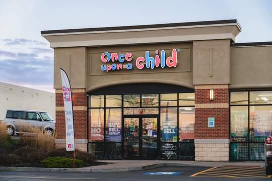 Syracuse, NY - Nov 19, 2025: Once Upon A Child is a resale retail chain specializing in gently used children&rsquo;s clothing, toys, and equipment with hundreds of locations across North America