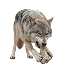Fototapeta premium A fearsome grey wolf gnawing on a large bone against a stark black background