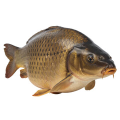 Fototapeta premium A detailed studio portrait of a common carp fish isolated on a stark black background