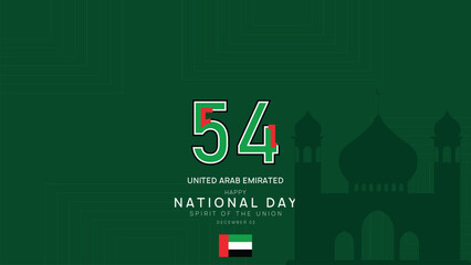 Minimalist UAE National Day 54 Celebration Banner with Mosque Silhouette and Red Green Black White Flag Accents on Dark Green Geometric Background