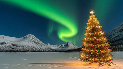 A festive christmas tree with glowing lights stands in a snowy mountain landscape, beautifully lit by the vibrant green northern lights