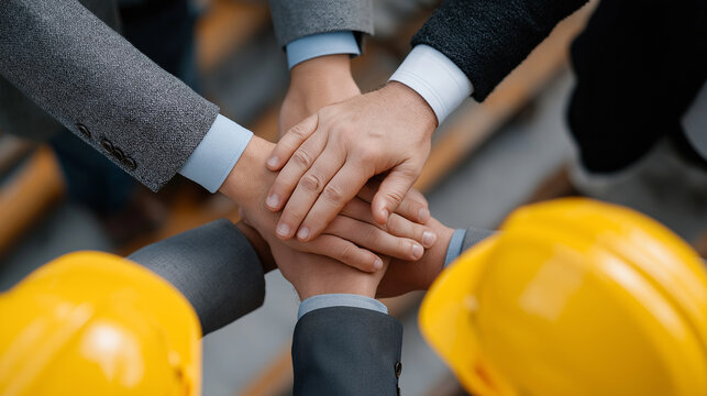 Inspiring corporate and construction workforce collaboration scene showing diverse men and women in safety helmets and business attire stacking hands to represent solidarity, planning, and project coo - Powered by Adobe