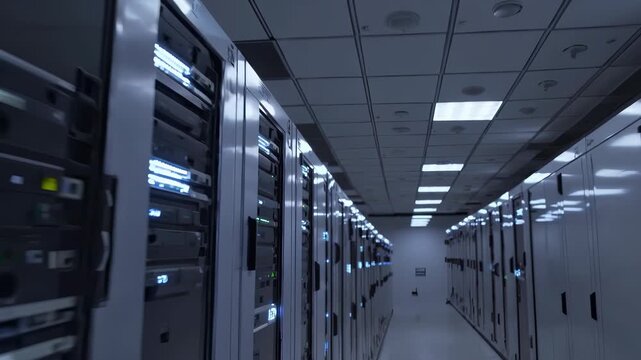 Modern datacenter aisle with server cabinets. Rows of hardware units connected to cloud. Blue light reflections on metallic surfaces. Server equipment for data processing and cloud infrastructure