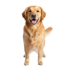 A happy golden retriever dog standing and smiling against a black background
