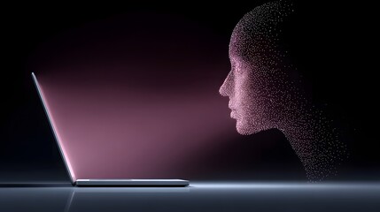 An abstract digital painting: multicolored data particles swirling to form the shape of a human face that leans over a laptop (machine learning generating insights), warm pink and purple gradient