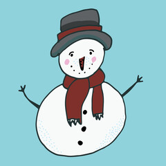 snowman illustration with scarf, hat and buttons. Hand-drawn winter character with soft colors and friendly expression. Perfect for Christmas cards, holiday posters