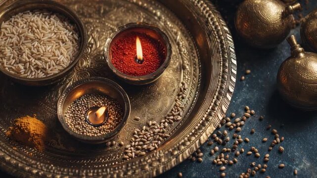 Traditional Indian Spices on Ornate Metal Tray with Warm Candlelight