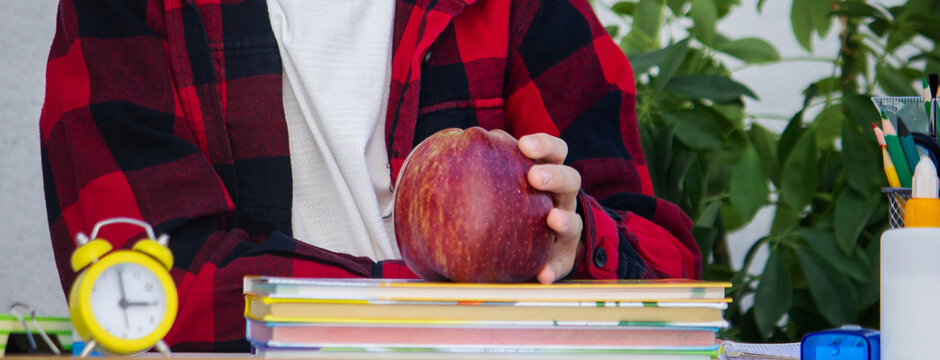 Happy, smart boy in glasses holding a stack of books and a red apple for school.