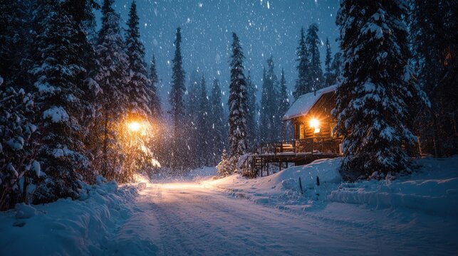 Cozy wooden cabin in snowy forest with warm light and falling snow winter night