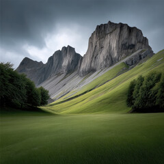 Fototapeta premium Majestic mountain peak rises above lush green valley, dramatic sky, serene landscape, natural beauty, peaceful atmosphere