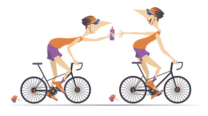 Obraz premium Cycling team. Cyclists giving water one another