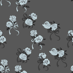 Fototapeta premium Floral seamless pattern featuring loose and whimsical illustrations of blue roses tied with ribbons on a dark charcoal grey background