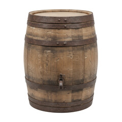 Obraz premium A rustic wooden barrel with metal hoops and a spigot isolated on a black background