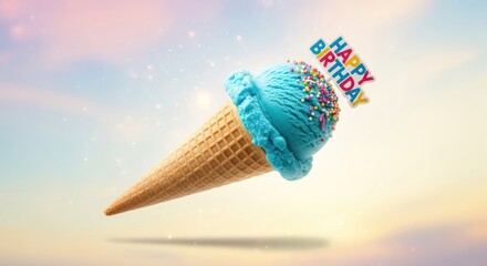 A scoop of bright blue ice cream with sprinkles and a 'HAPPY BIRTHDAY' sign floats above a waffle cone against a soft, colorful pastel sky.