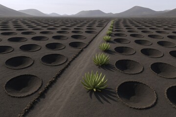 Naklejka premium Unique Volcanic Vineyard Landscape of Lanzarote, Canary Islands: Wine Cultivation in Black Sand