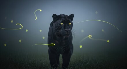 Enigmatic black panther portrait amidst swirling luminescence in nocturnal setting