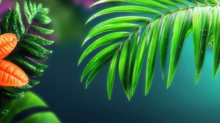 Vibrant palm fronds and exotic orange leaves create a lush tropical vibe that brings a refreshing natural beauty, perfect for summer designs