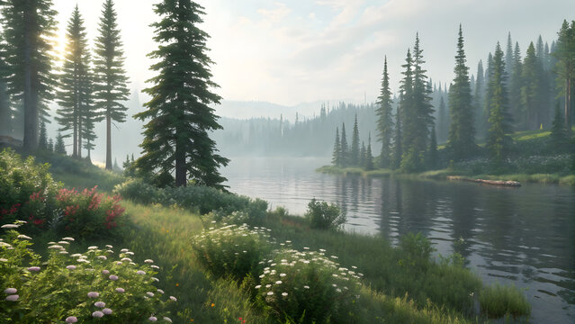 pine trees on the lake, morning in the forest, forest river calmness, peaceful green valley, nature beside quiet water, silent nature landscape